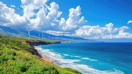 Breathtaking coastal view featuring wind turbines along a vibrant shoreline. Lush green hills meet the sparkling blue ocean under a picturesque sky.の素材
