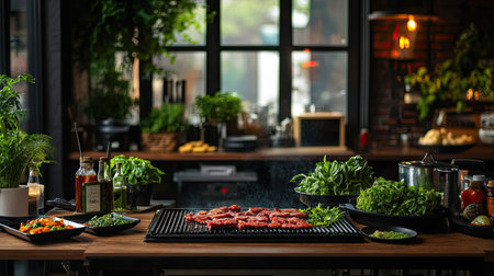 Inviting kitchen scene featuring fresh herbs and vegetables around a grill. The atmosphere is perfect for culinary exploration and vibrant cooking.の素材