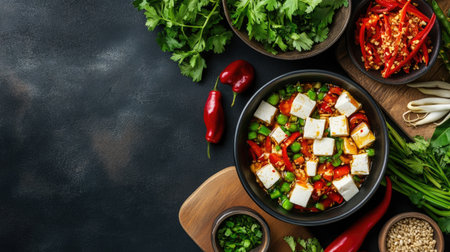 A vibrant top view of a colorful tofu dish surrounded by fresh vegetables and herbs. Ideal for food lovers and healthy cooking enthusiasts.の素材