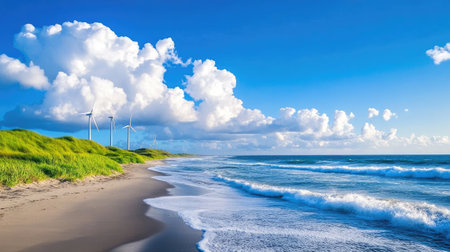 A stunning beach scene featuring gentle waves, lush grass, and wind turbines against a vibrant blue sky. Ideal for nature and renewable energy themes.の素材