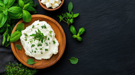 Cream cheese spread sits elegantly on a wooden plate, garnished with fresh basil and thyme. Ideal for culinary use in home cooking or food styling.の素材