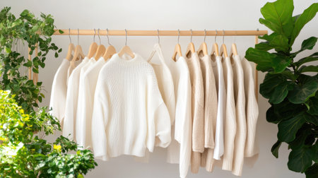 A serene display of cozy sweaters on a wooden rack, surrounded by lush greenery, perfect for highlighting minimalist fashion and comfort in a stylish home setting.の素材