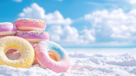 A delightful stack of colorful frosted donuts in a snowy landscape creates a whimsical winter scene. Bright hues contrast perfectly with the cold, white snow.の素材