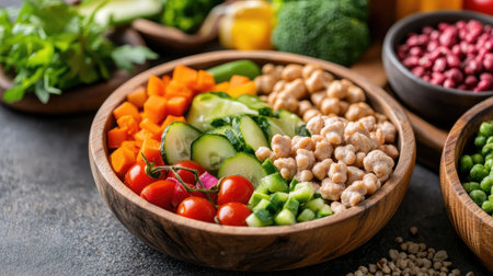 A visually appealing bowl filled with fresh vegetables and chickpeas showcases vibrant colors and healthy ingredients, ideal for nutritious meals.の素材