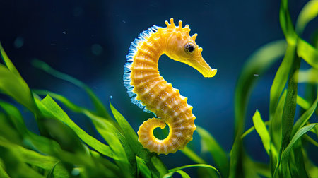 A stunning yellow seahorse gracefully swims amidst lush green aquatic plants, showcasing the vibrant colors and intricate details of marine life in a serene underwater environment.の素材