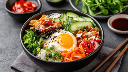 A vibrant and appetizing Asian cuisine bowl filled with fresh vegetables, egg, and colorful ingredients, perfect for a healthy meal or culinary delight.の素材