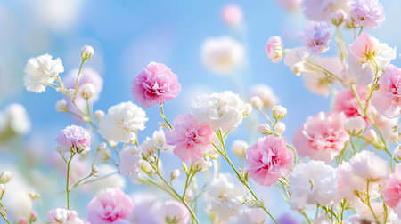 A stunning display of soft pastel flowers in shades of pink and white against a bright blue sky, evoking feelings of tranquility and freshness in nature.の素材