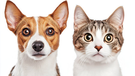 A captivating portrait showcasing the close bond between a dog and a cat, both with striking eyes that convey emotion and personality, perfect for pet enthusiasts.の素材