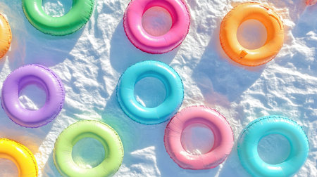 A stunning overhead view of colorful pool floats arranged on a bright white surface, perfect for summer fun and leisure activities near the water.の素材