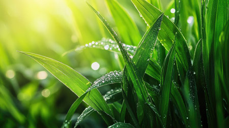 A close-up of fresh green grass adorned with water droplets, illuminated by gentle morning light. This vibrant scene showcases nature's beauty and tranquility.の素材