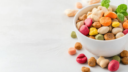 A vibrant bowl filled with an assortment of colorful candies, offering a delightful treat for all ages. Perfect for celebrations or casual enjoyment.の素材