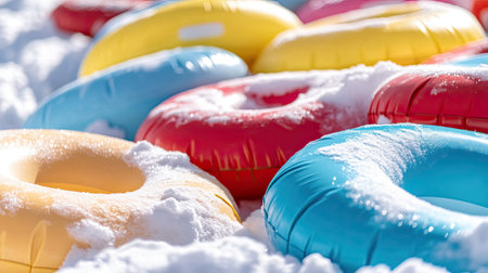 A vibrant collection of colorful snow tubes rests on a snowy landscape, inviting winter fun and outdoor activities. Perfect for capturing a seasonal vibe.の素材