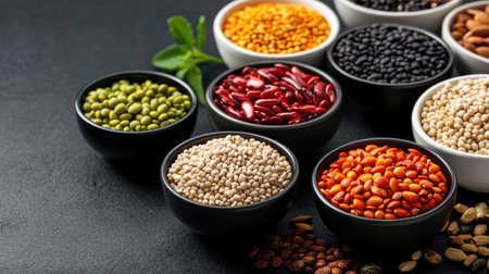 A colorful assortment of dry seeds and legumes arranged in black bowls on a dark background, showcasing a healthy variety ideal for cooking and nutrition.の素材
