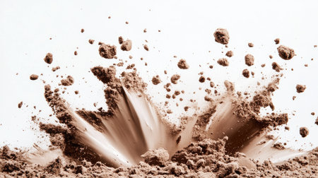 A dynamic dust explosion captures brown particles bursting upward, creating an energetic splash against a clean white backdrop, perfect for conveying motion and impact.の素材