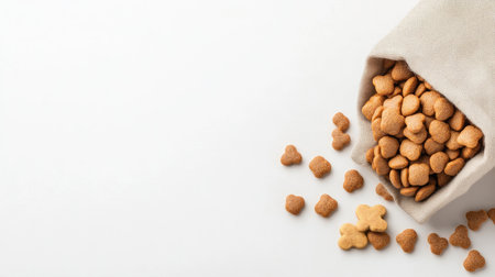 A cozy arrangement of heart-shaped dog treats spilling from a fabric bag, showcasing delicious snacks perfect for playful pets and rewarding moments.の素材