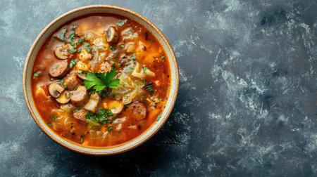 A vibrant bowl of hearty vegetable soup garnished with fresh herbs. This comforting dish features mushrooms, cabbage, and rich flavors, perfect for any meal.の素材