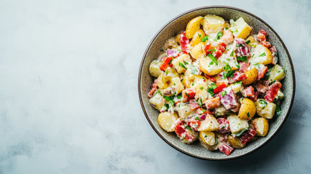 A delicious and creamy potato salad featuring crispy bacon and vibrant herbs, perfect for summer gatherings and picnics. Enjoy this flavorful dish!の素材