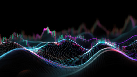 Vibrant abstract waveform showcasing colorful lighting effects, representing technology and data visualization. This artistic design brings energy and dynamism to any digital project.の素材