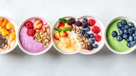 Explore an enticing arrangement of colorful smoothie yogurt bowls topped with fresh fruits and granola, perfect for healthy breakfasts or snacks.の素材