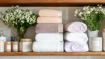 This image features neatly folded towels in soft pastel shades, accompanied by charming floral arrangements on wooden shelves, creating a cozy and inviting atmosphere for a bathroom or spa setting.の素材