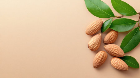 A beautifully arranged composition of fresh almonds alongside green leaves on a soft beige background, showcasing natural textures and inviting healthy eating choices.の素材