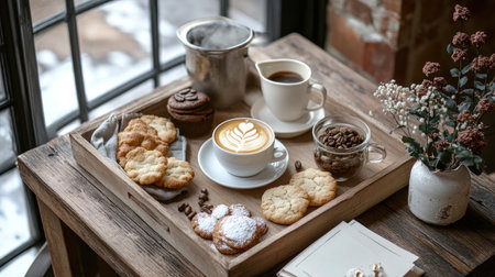 Enjoy a cozy morning scene featuring a beautifully crafted latte, assorted cookies, and a cup of rich coffee on a rustic wooden tray by the window.の素材