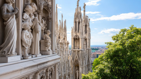 Explore the breathtaking architectural details of Milan Cathedral from a stunning viewpoint, showcasing intricate sculptures against a vibrant city skyline.の素材