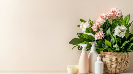A stylish display featuring eco-friendly cleaning products beside a beautiful floral arrangement, perfect for promoting sustainability and home care aesthetics.の素材