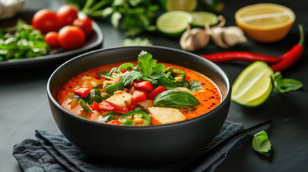A vibrant bowl of spicy Thai coconut soup featuring fresh vegetables, garnished with herbs and served with lime, perfect for a healthy meal option.の素材