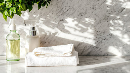 A peaceful spa scene featuring essential oils and clean towels on a marble countertop. The combination of natural light and shadows enhances the tranquil atmosphere.の素材
