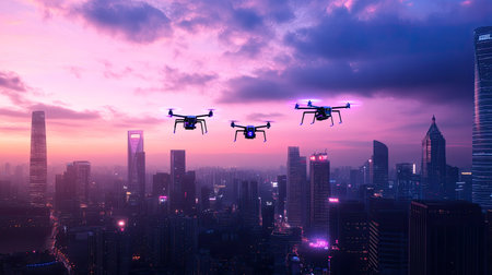 A stunning view of drones soaring over a bustling city skyline during sunset. The vibrant colors and dramatic clouds create a captivating scene.の素材