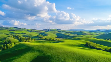 Experience a breathtaking view of lush green rolling hills under a bright blue sky with fluffy clouds, capturing the beauty of nature and tranquility.の素材
