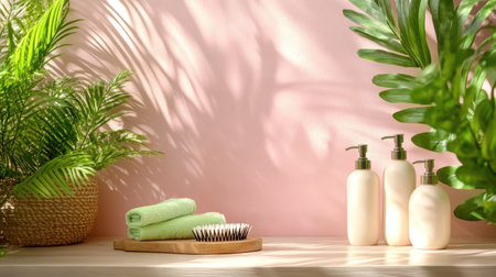 Enjoy a tranquil spa arrangement featuring soft towels, natural plants, and skincare products, perfect for enhancing relaxation and beauty in any space.の素材