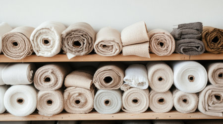 A visually appealing collection of fabric rolls in neutral tones displayed on wooden shelves, ideal for design, crafts, and home decor projects.の素材