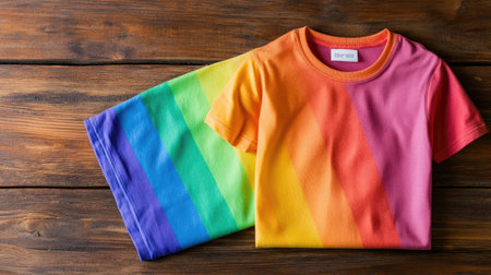 Bright and colorful rainbow t-shirts displayed on a rustic wooden background, perfect for celebrations, casual wear, and pride events. Vibrant colors convey joy and unity.の素材