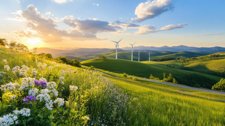 A breathtaking landscape featuring wind turbines on green hills under a vibrant sunset. Wildflowers add beauty to this serene outdoor scene, showcasing nature's harmony.の素材