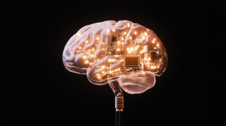 A striking visual representation of a brain intertwined with circuitry and glowing lights, symbolizing the fusion of technology and human intelligence.の素材