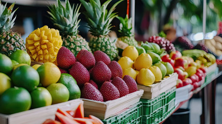 A vibrant assortment of fresh fruits showcases healthy options at a local market stall. The bright colors and variety attract shoppers seeking natural, tasty treats.の素材
