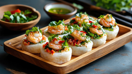 A beautiful arrangement of fresh shrimp rice cakes topped with herbs and vegetables on a wooden tray, showcasing vibrant colors and delicious flavors, perfect for food lovers.の素材