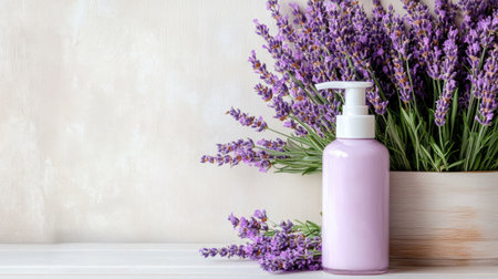A soothing arrangement featuring a lavender bouquet next to a skin care product. This elegant setup evokes feelings of relaxation and wellness. Ideal for beauty themes.の素材