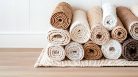 Aesthetic arrangement of rolled soft towels in various earthy tones on a wooden surface, perfect for enhancing a calm and cozy bathroom or spa environment.の素材
