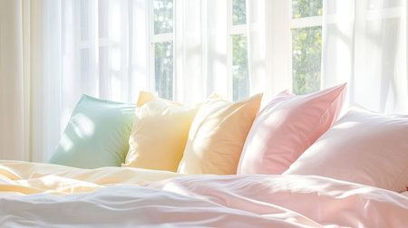 A serene bedroom scene featuring soft pastel pillows on a bed, illuminated by gentle sunlight through sheer curtains. Perfect for creating a cozy atmosphere.の素材