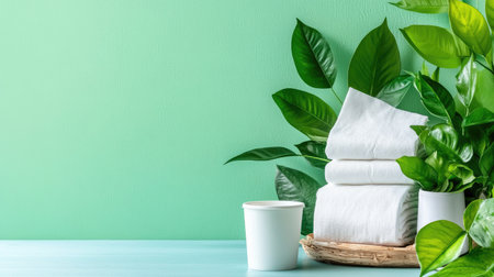 A serene display of folded towels and lush greenery against a soothing aqua background, perfect for promoting relaxation and a fresh, clean environment.の素材