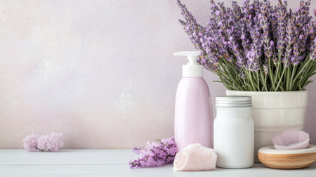 A serene spa setting featuring lavender flowers, elegant skincare products, and calming decor to enhance relaxation and wellness in any environment.の素材
