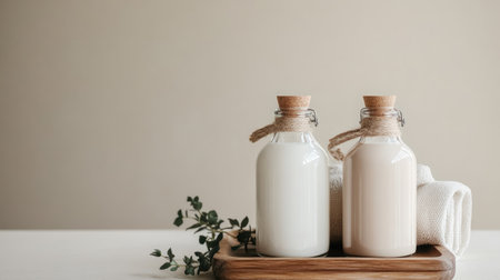 Two glass milk bottles, one white and one cream, sit on a wooden tray alongside natural foliage, showcasing a minimalist, rustic aesthetic perfect for kitchen decor.の素材