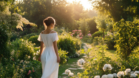 A serene woman in a flowing white dress strolls through a vibrant garden at sunset, surrounded by blooming flowers and lush greenery, embodying tranquility.の素材