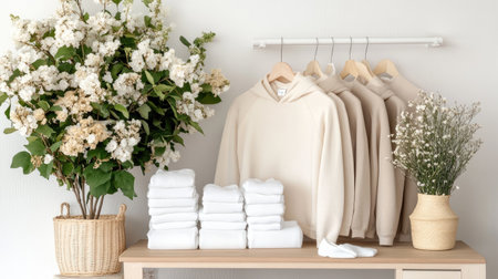 A cozy and stylish display featuring neutral hoodies, fresh flowers, and neatly folded towels, perfect for creating a serene and inviting atmosphere in any space.の素材