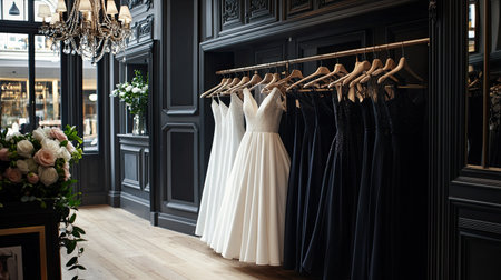 Explore an elegant bridal boutique featuring a stunning display of white and black evening dresses. The luxurious interior enhances the fashion experience.の素材