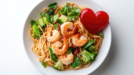 A vibrant bowl of shrimp noodles topped with fresh broccoli and a charming heart garnish, perfect for romantic dinners or enticing culinary presentations.の素材