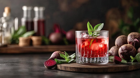 An elegant beetroot cocktail garnished with fresh mint leaves and ice cubes, set against a dark, rustic backdrop. Perfect for summer gatherings and stylish events.の素材